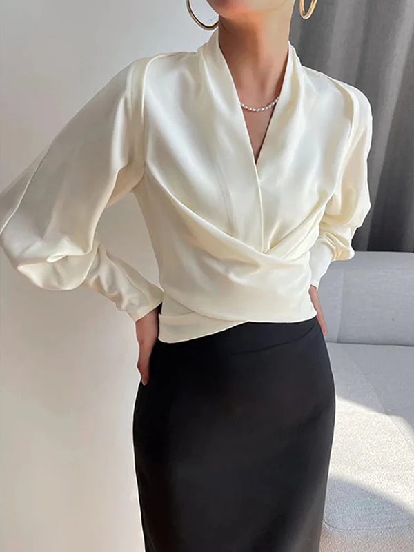 Long Sleeves Solid Color Zipper V-neck Blouses&shirts Tops - Image 3