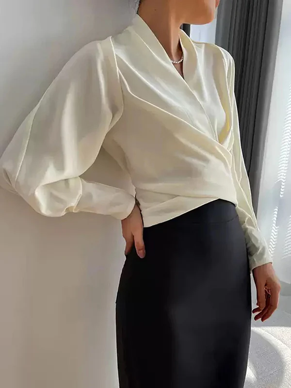 Long Sleeves Solid Color Zipper V-neck Blouses&shirts Tops - Image 4