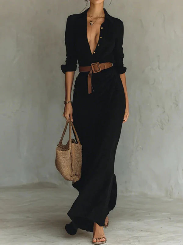 Long Sleeves Split-Joint Lapel Maxi Dresses Shirt Dress - Image 3