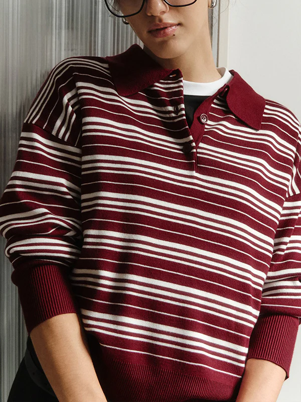 Long Sleeves Split-Joint Striped Lapel Sweater Tops - Image 12