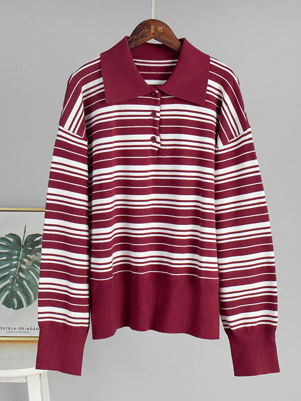Long Sleeves Split-Joint Striped Lapel Sweater Tops - Image 13