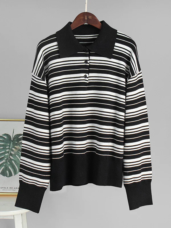 Long Sleeves Split-Joint Striped Lapel Sweater Tops - Image 14