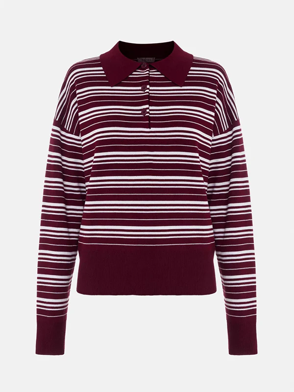 Long Sleeves Split-Joint Striped Lapel Sweater Tops - Image 15