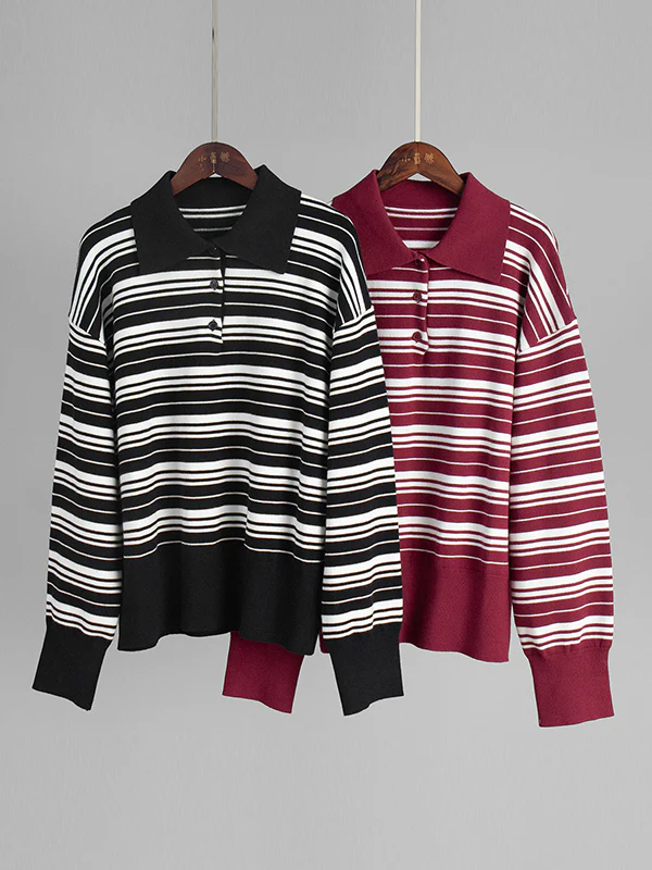 Long Sleeves Split-Joint Striped Lapel Sweater Tops - Image 17