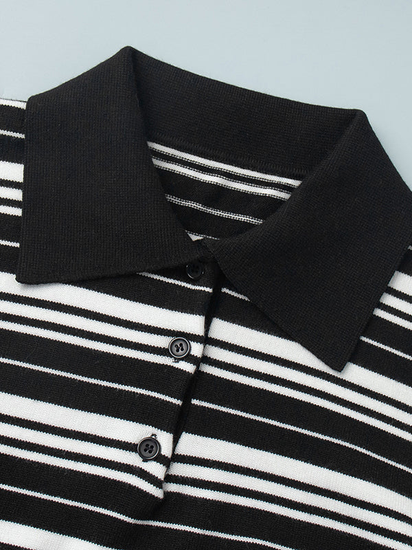 Long Sleeves Split-Joint Striped Lapel Sweater Tops - Image 18