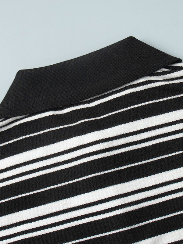 Long Sleeves Split-Joint Striped Lapel Sweater Tops - Image 19