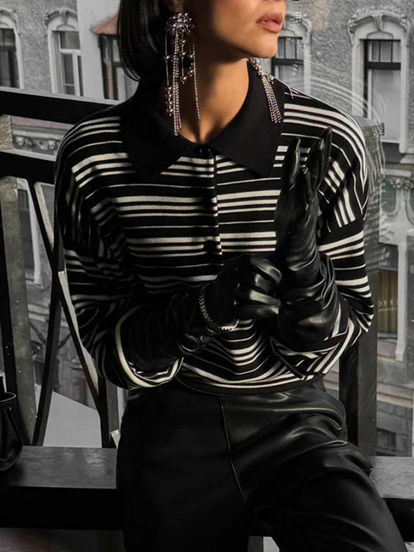 Long Sleeves Split-Joint Striped Lapel Sweater Tops - Image 2
