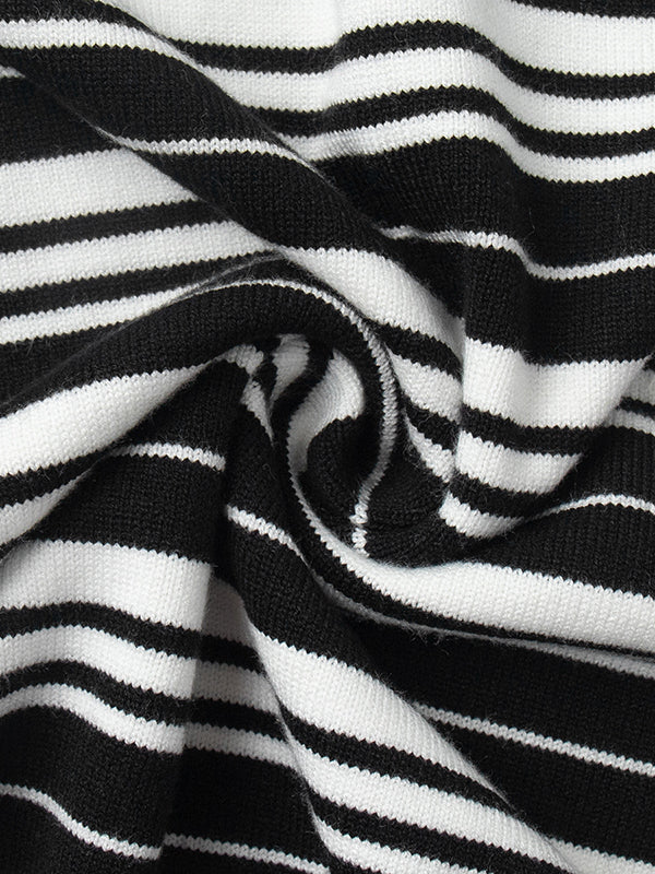 Long Sleeves Split-Joint Striped Lapel Sweater Tops - Image 23