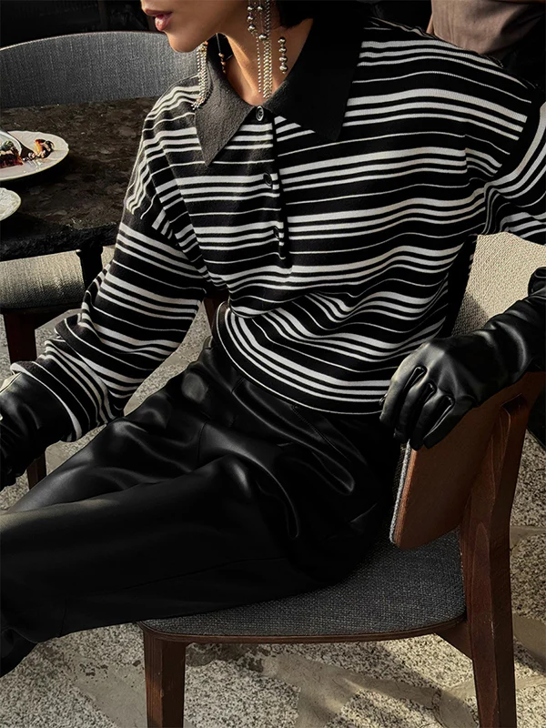 Long Sleeves Split-Joint Striped Lapel Sweater Tops - Image 3
