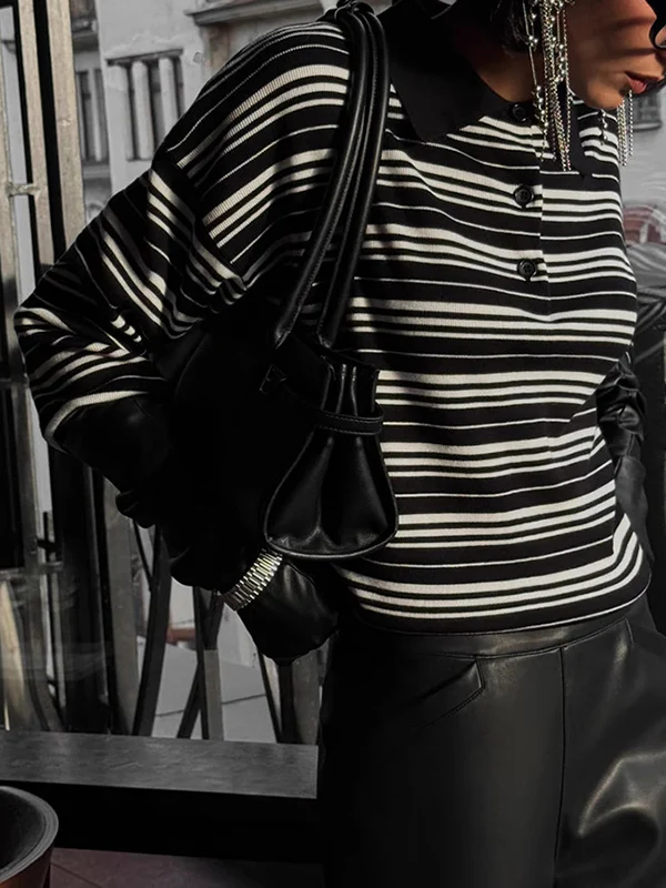 Long Sleeves Split-Joint Striped Lapel Sweater Tops - Image 4