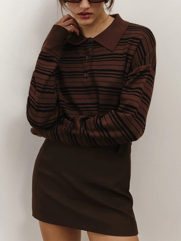 Long Sleeves Split-Joint Striped Lapel Sweater Tops - Image 5
