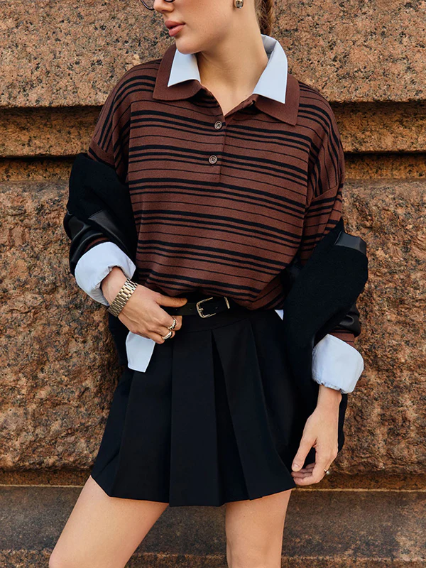 Long Sleeves Split-Joint Striped Lapel Sweater Tops - Image 7