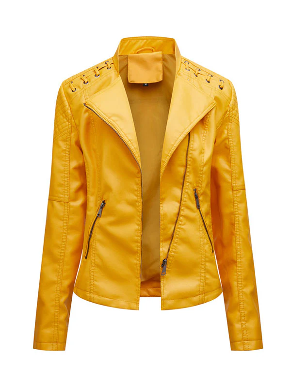 Long Sleeves Split-Joint Zipper Mock Neck PU Jackets Outerwear - Image 10