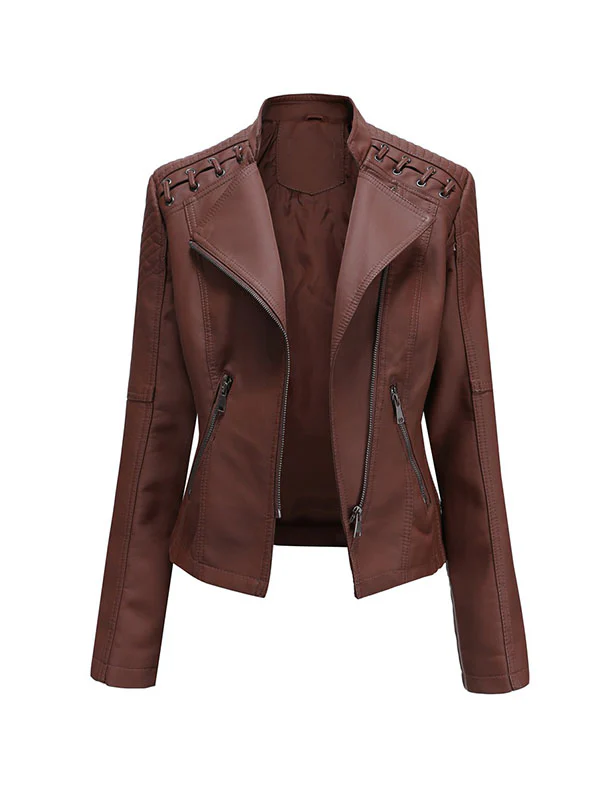 Long Sleeves Split-Joint Zipper Mock Neck PU Jackets Outerwear - Image 11