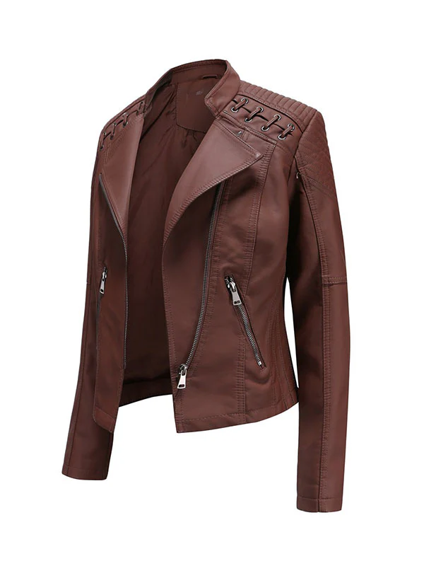 Long Sleeves Split-Joint Zipper Mock Neck PU Jackets Outerwear - Image 12