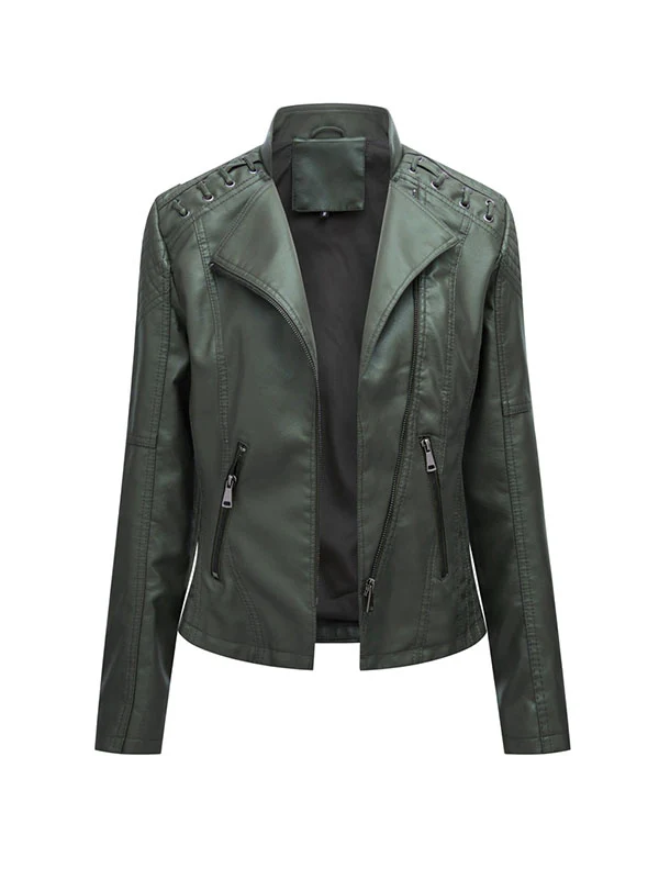 Long Sleeves Split-Joint Zipper Mock Neck PU Jackets Outerwear - Image 13