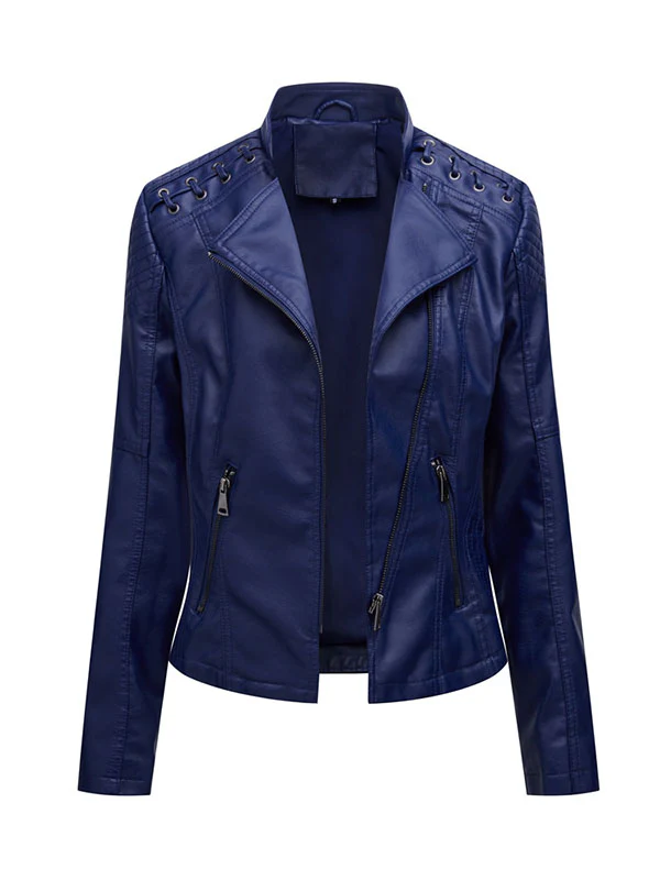 Long Sleeves Split-Joint Zipper Mock Neck PU Jackets Outerwear - Image 14