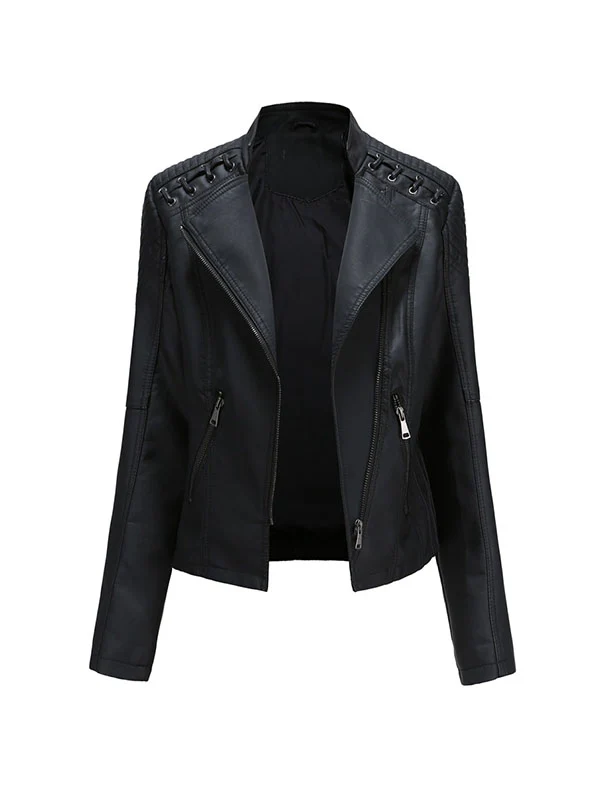 Long Sleeves Split-Joint Zipper Mock Neck PU Jackets Outerwear - Image 15