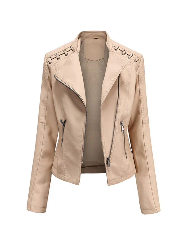 Long Sleeves Split-Joint Zipper Mock Neck PU Jackets Outerwear - Image 16