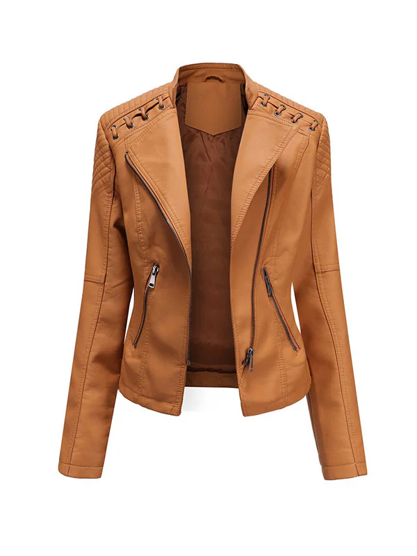 Long Sleeves Split-Joint Zipper Mock Neck PU Jackets Outerwear - Image 17