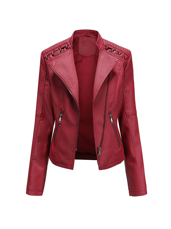 Long Sleeves Split-Joint Zipper Mock Neck PU Jackets Outerwear - Image 18