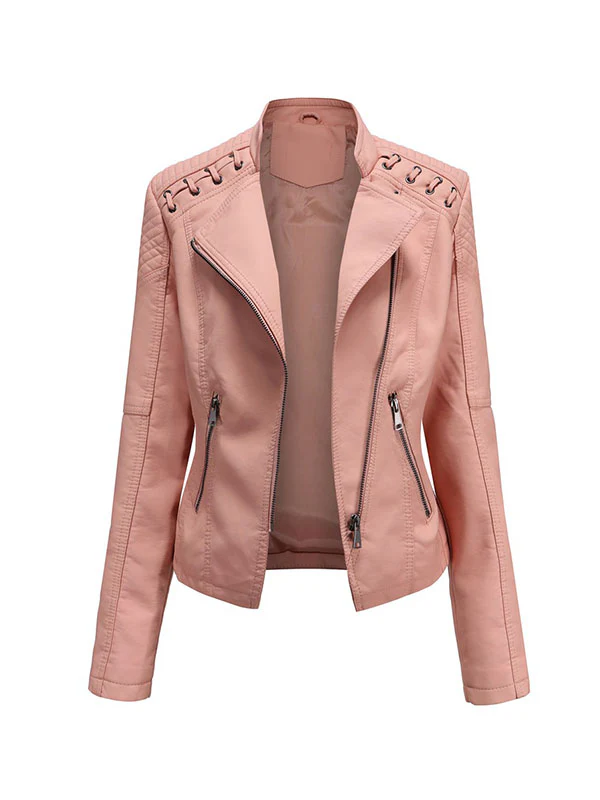 Long Sleeves Split-Joint Zipper Mock Neck PU Jackets Outerwear - Image 19