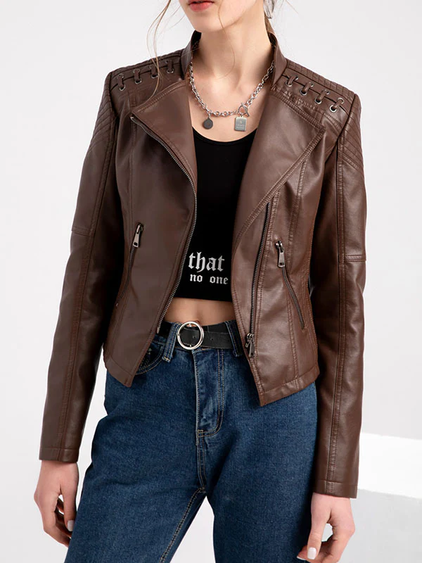 Long Sleeves Split-Joint Zipper Mock Neck PU Jackets Outerwear - Image 2