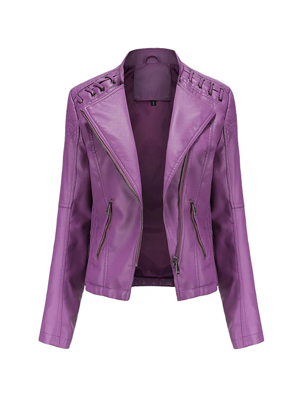 Long Sleeves Split-Joint Zipper Mock Neck PU Jackets Outerwear - Image 20