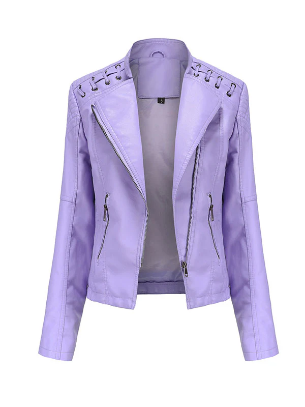 Long Sleeves Split-Joint Zipper Mock Neck PU Jackets Outerwear - Image 21