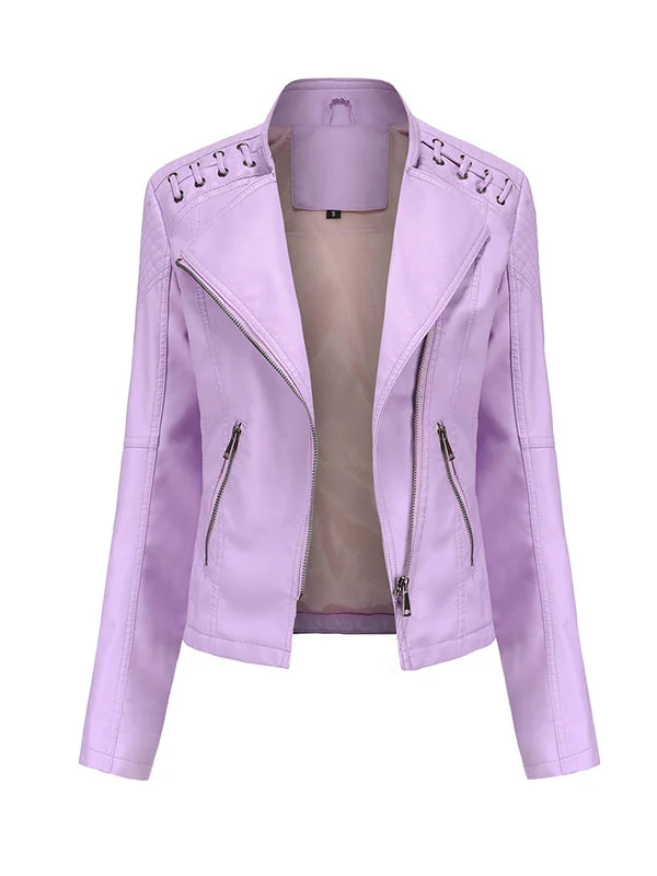 Long Sleeves Split-Joint Zipper Mock Neck PU Jackets Outerwear - Image 22