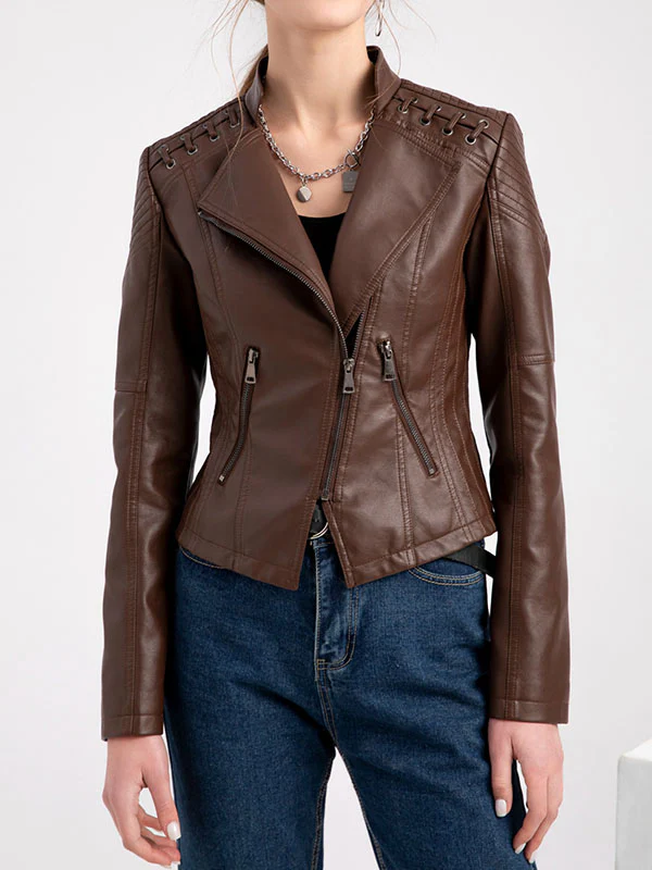 Long Sleeves Split-Joint Zipper Mock Neck PU Jackets Outerwear - Image 3