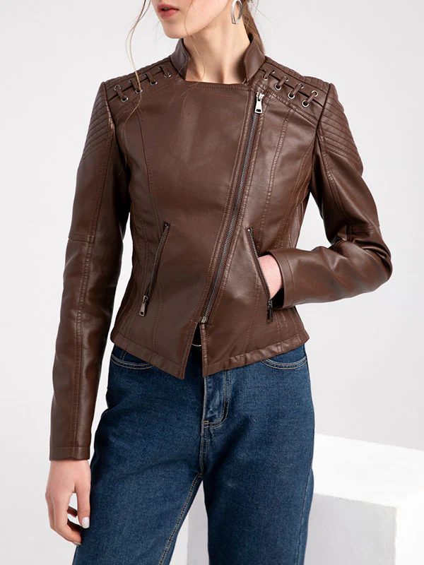 Long Sleeves Split-Joint Zipper Mock Neck PU Jackets Outerwear - Image 4
