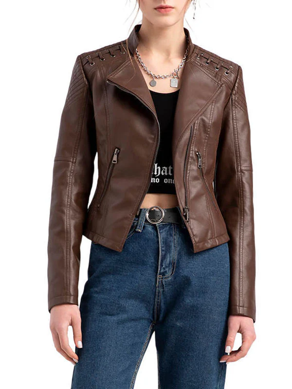 Long Sleeves Split-Joint Zipper Mock Neck PU Jackets Outerwear - Image 5