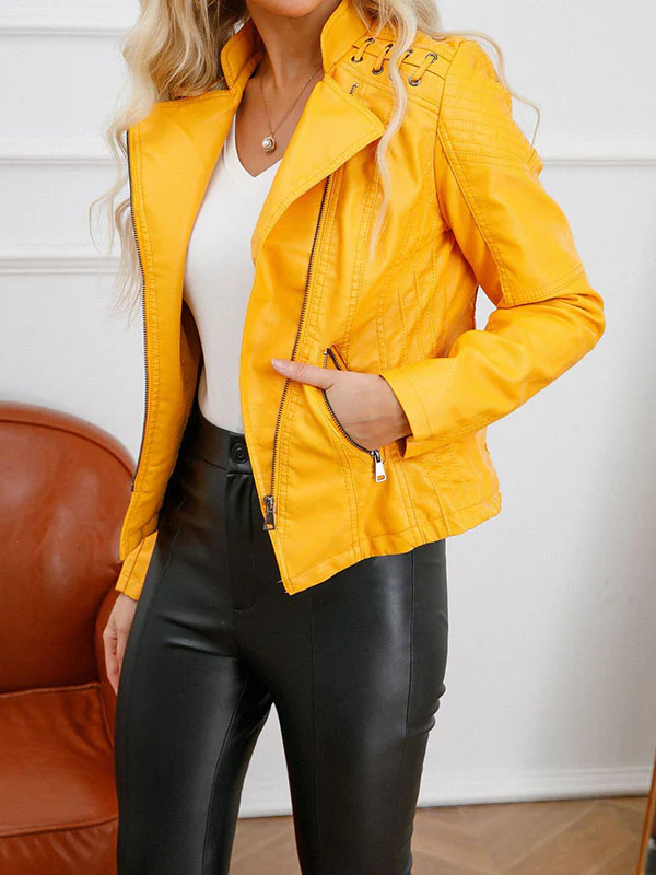 Long Sleeves Split-Joint Zipper Mock Neck PU Jackets Outerwear - Image 8