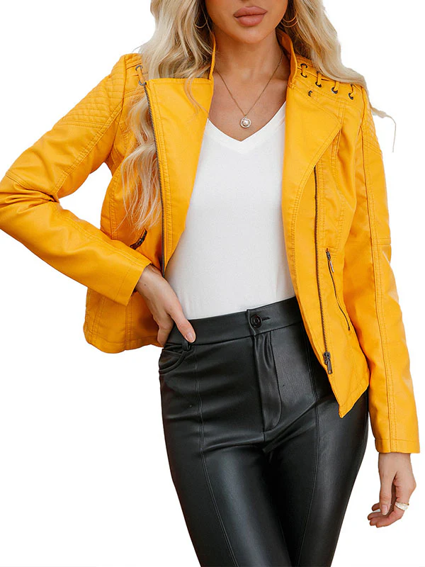Long Sleeves Split-Joint Zipper Mock Neck PU Jackets Outerwear - Image 9