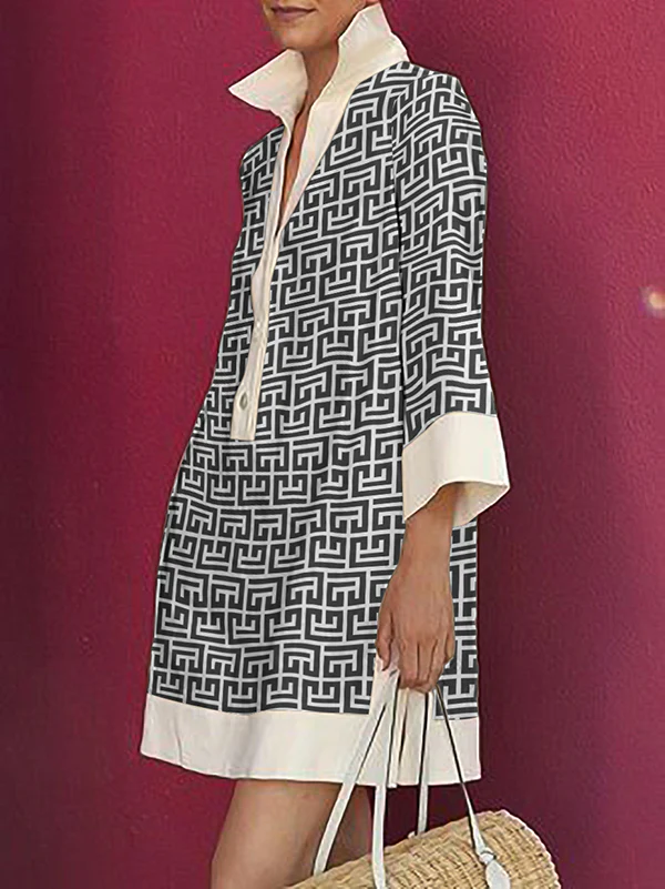 Long Sleeves Three-Quarter Sleeves Buttoned Printed Lapel Mini Dresses Shirt Dress - Image 2