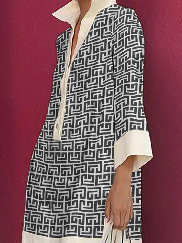 Long Sleeves Three-Quarter Sleeves Buttoned Printed Lapel Mini Dresses Shirt Dress - Image 3