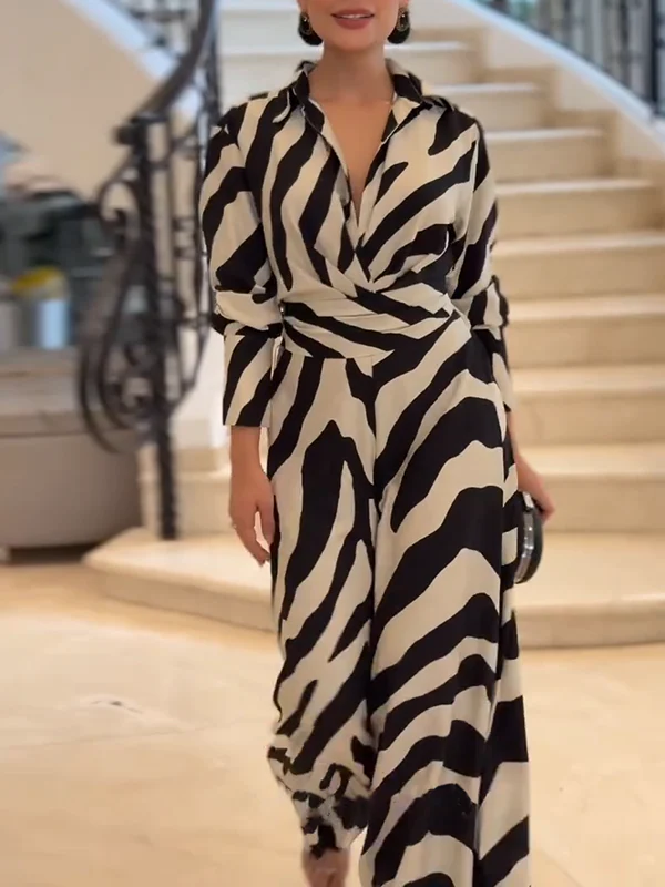 Long Sleeves Wide Leg Split-Joint Tied Waist Zebra Printed Lapel Jumpsuits - Image 10