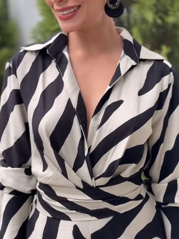 Long Sleeves Wide Leg Split-Joint Tied Waist Zebra Printed Lapel Jumpsuits - Image 11