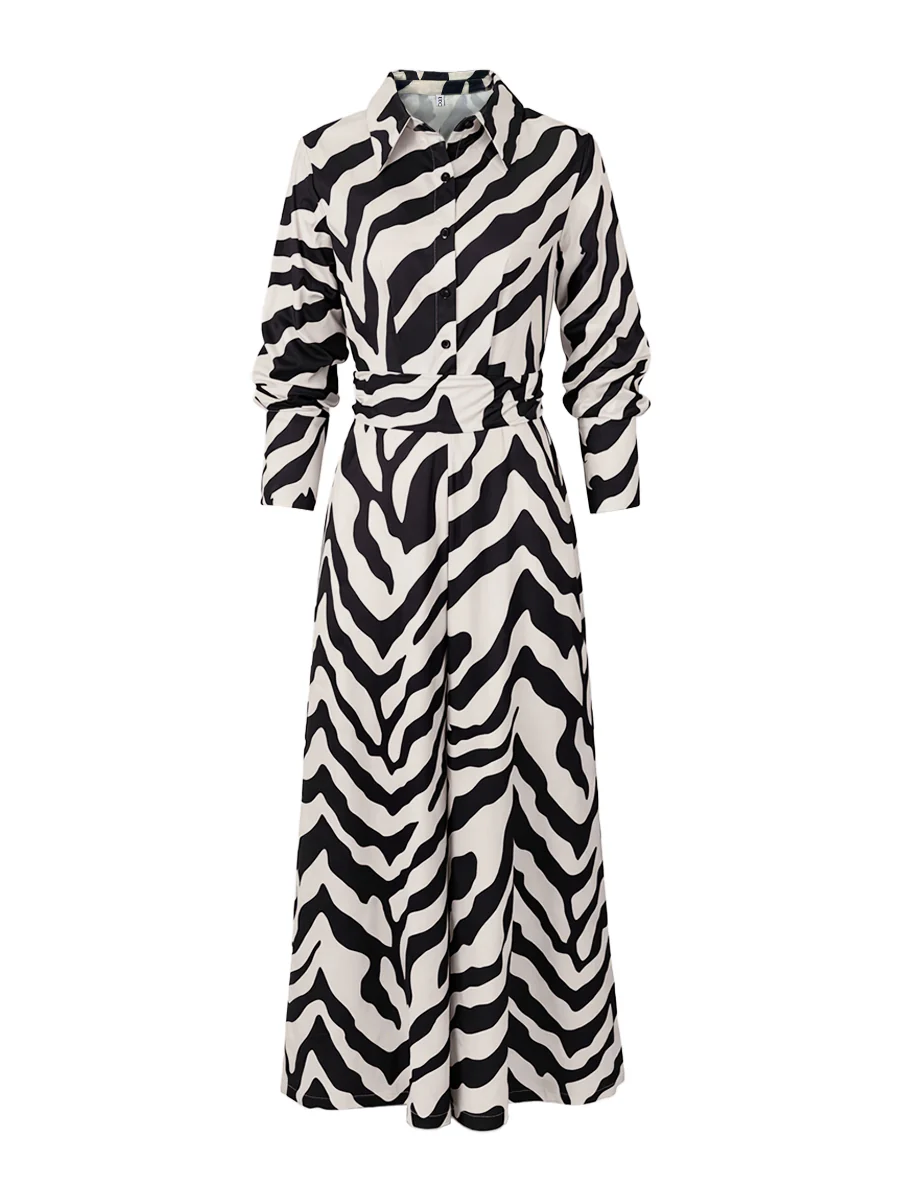 Long Sleeves Wide Leg Split-Joint Tied Waist Zebra Printed Lapel Jumpsuits - Image 12