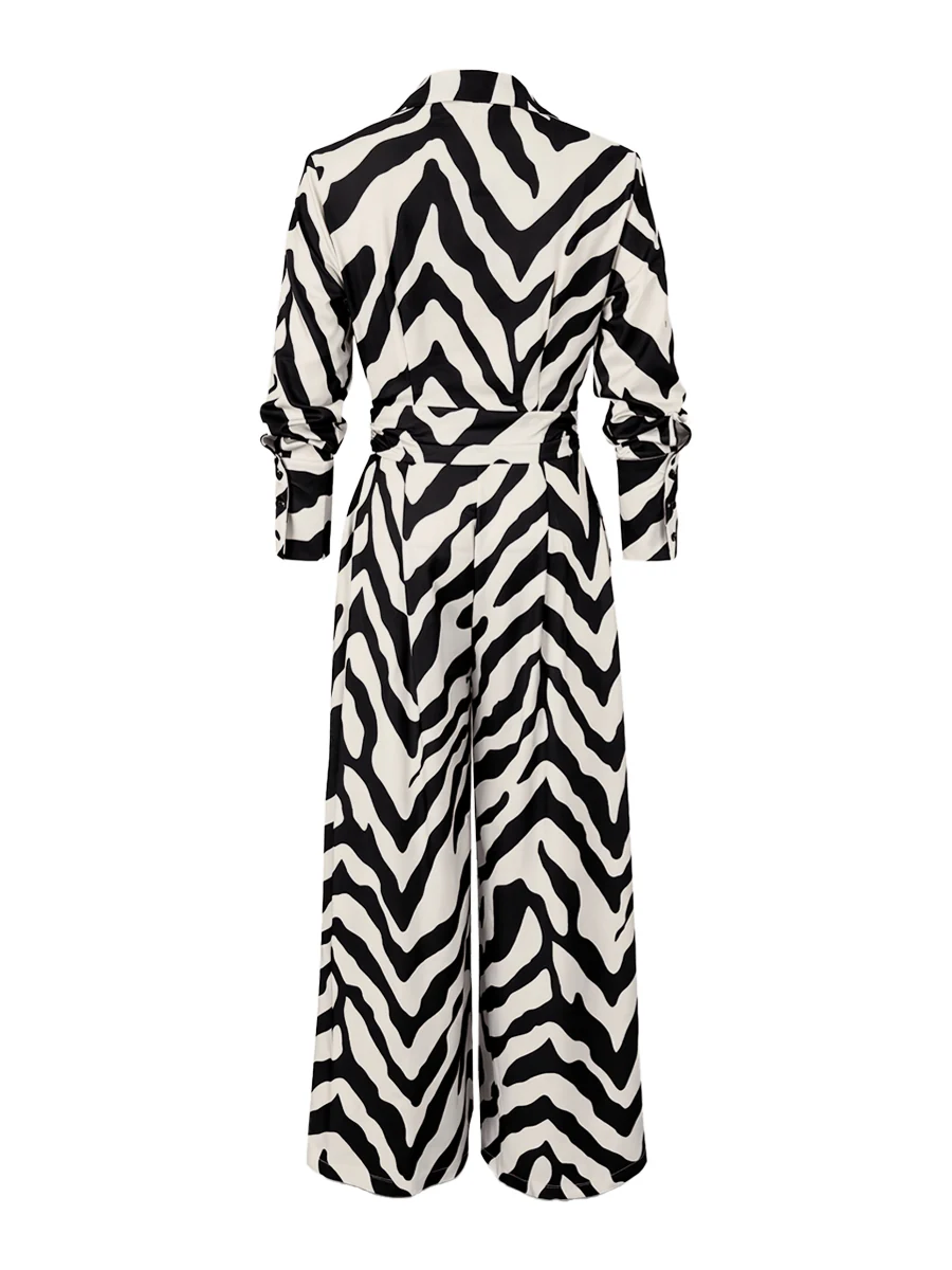 Long Sleeves Wide Leg Split-Joint Tied Waist Zebra Printed Lapel Jumpsuits - Image 13