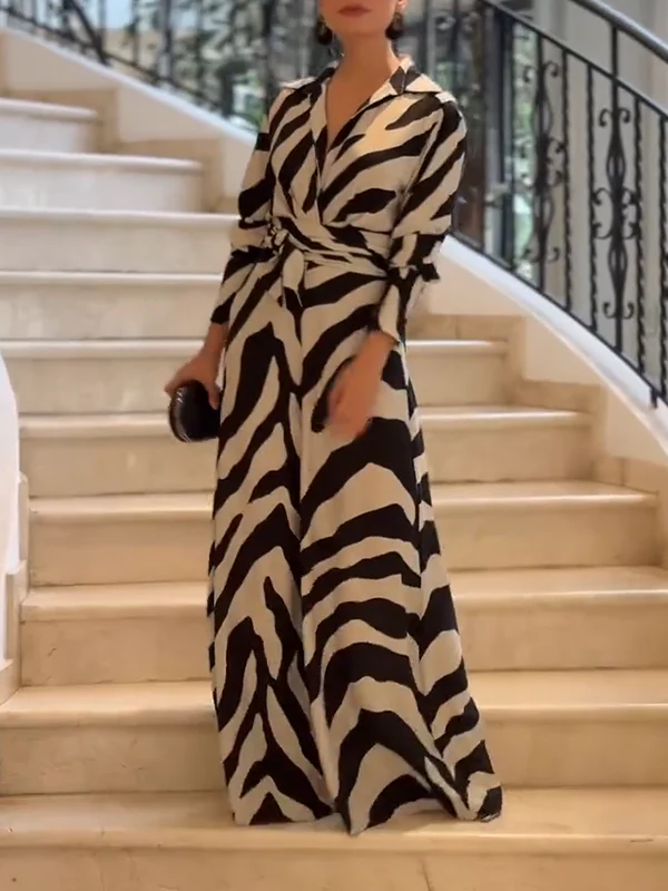 Long Sleeves Wide Leg Split-Joint Tied Waist Zebra Printed Lapel Jumpsuits - Image 3