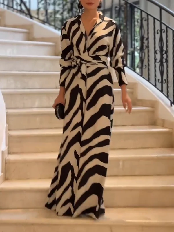 Long Sleeves Wide Leg Split-Joint Tied Waist Zebra Printed Lapel Jumpsuits - Image 4