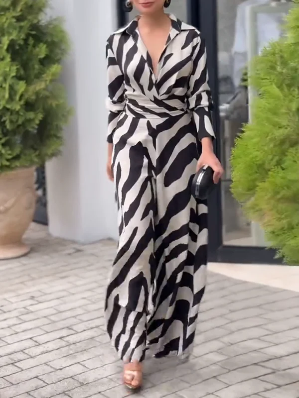 Long Sleeves Wide Leg Split-Joint Tied Waist Zebra Printed Lapel Jumpsuits - Image 5