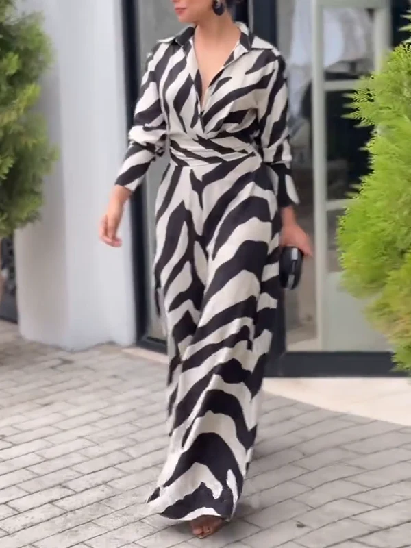 Long Sleeves Wide Leg Split-Joint Tied Waist Zebra Printed Lapel Jumpsuits - Image 6