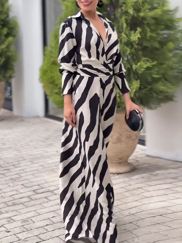Long Sleeves Wide Leg Split-Joint Tied Waist Zebra Printed Lapel Jumpsuits - Image 7