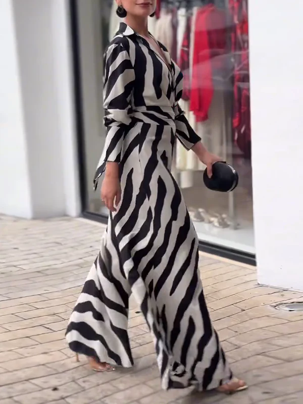 Long Sleeves Wide Leg Split-Joint Tied Waist Zebra Printed Lapel Jumpsuits - Image 8