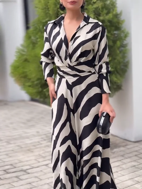 Long Sleeves Wide Leg Split-Joint Tied Waist Zebra Printed Lapel Jumpsuits - Image 9