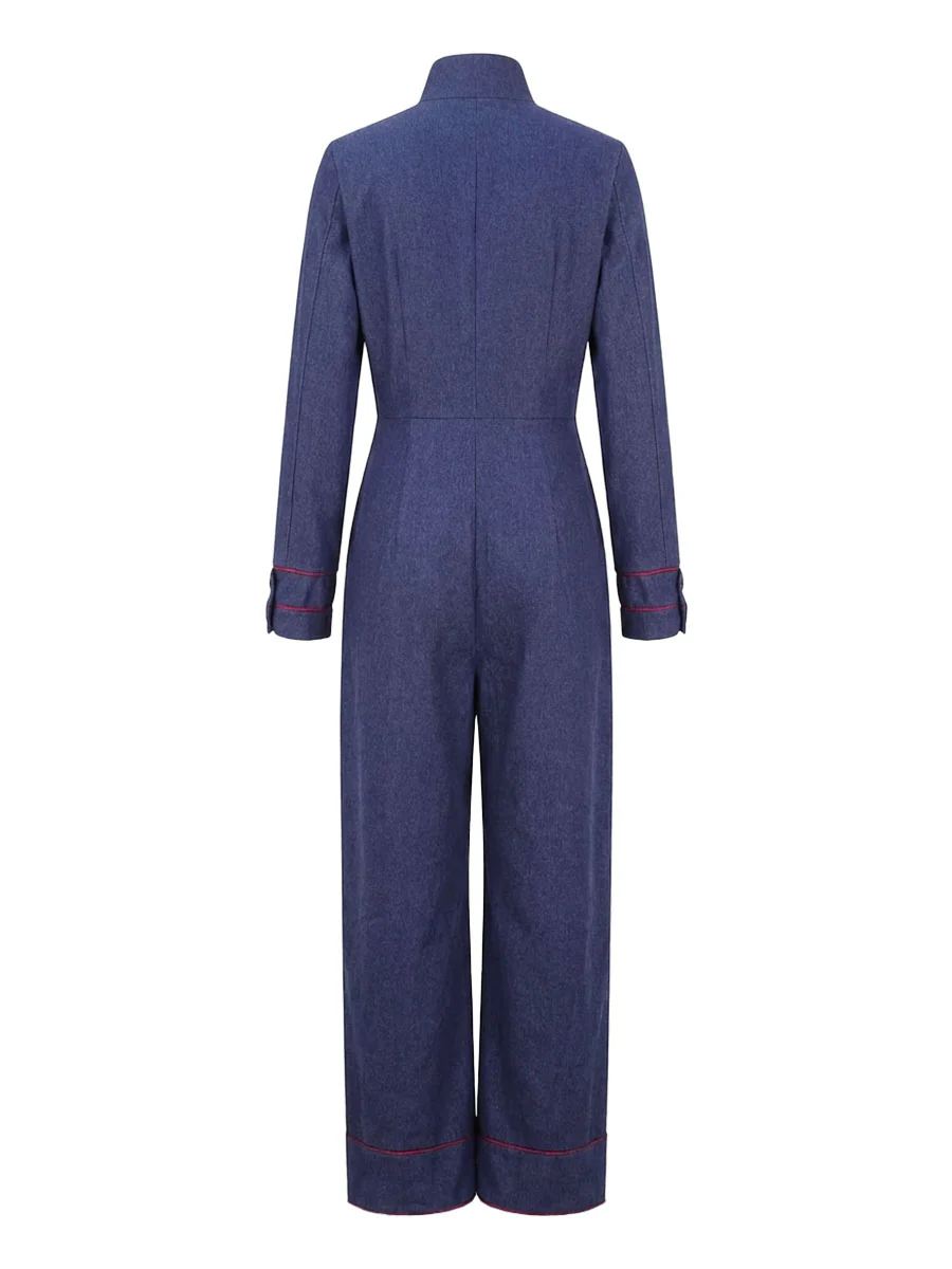 Long Sleeves Wide Leg Zipper Stand Collar Jumpsuits - Image 10