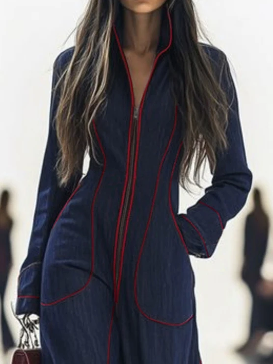 Long Sleeves Wide Leg Zipper Stand Collar Jumpsuits - Image 2